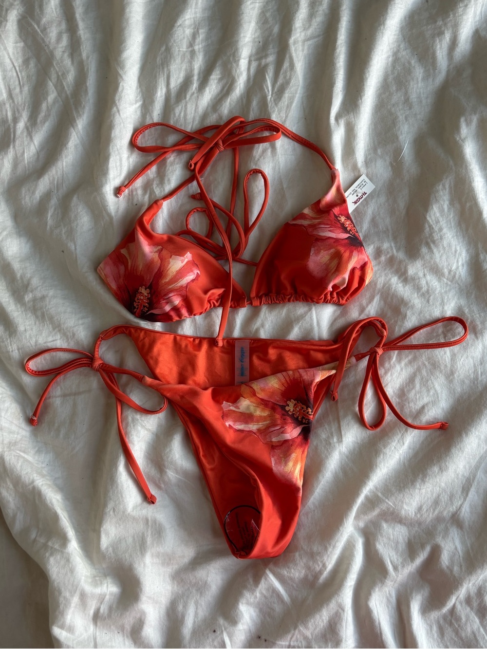 Catching Waves - Red Floral Tie-Side Triangle Bikini Set